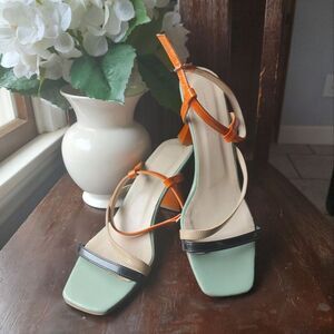 London & London Green And Orange Strappy Stiletto Sandal Heels.  Size 40. US 9.